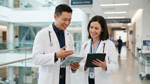 Doctors reviewing academic research notes in a hospital corridor