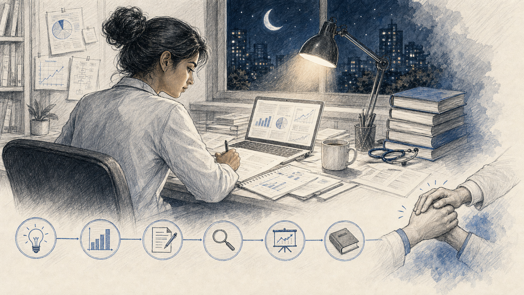 Clinician-researcher working on academic research late at night